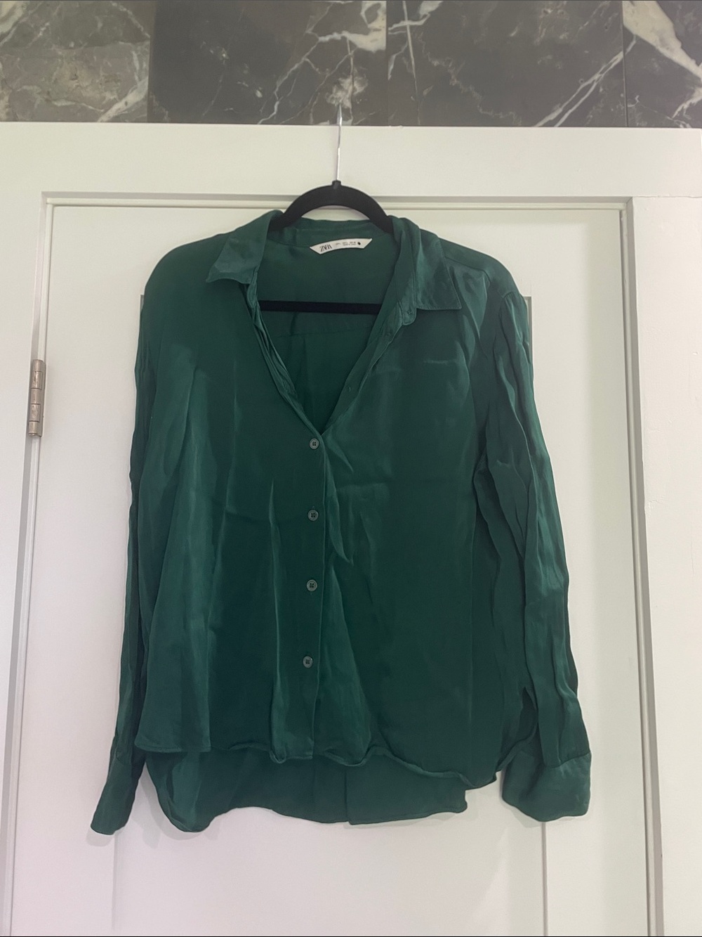 Zara Dark Green Satin Button-Down Shirt